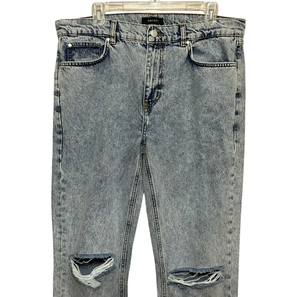 Amendi Straight Jeans Denim Distressed Button Zip Fly Blue Acid Wash M 36W NWT